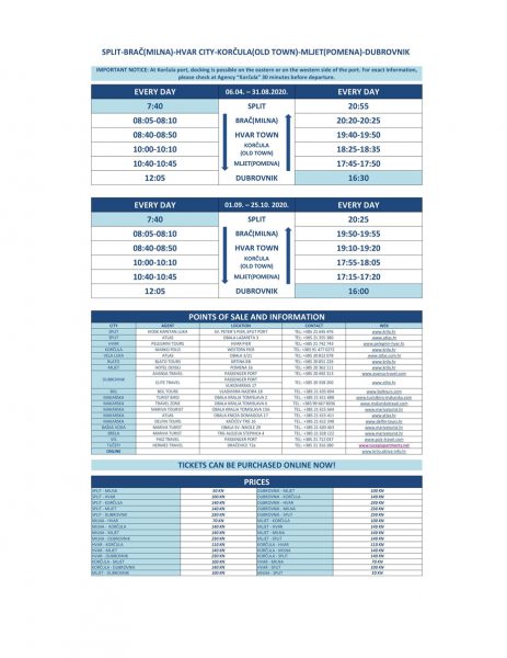 Krilo catamaran timetable for catamarans between Split and Dubrovnik